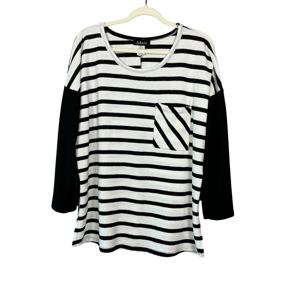 Adara Striped Contrast Sleeve Oversized Top Black White AD6184 Large